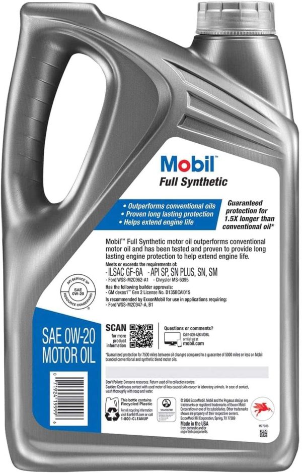 Mobil Full Synthetic Motor Oil 0W-20, 5 Quart